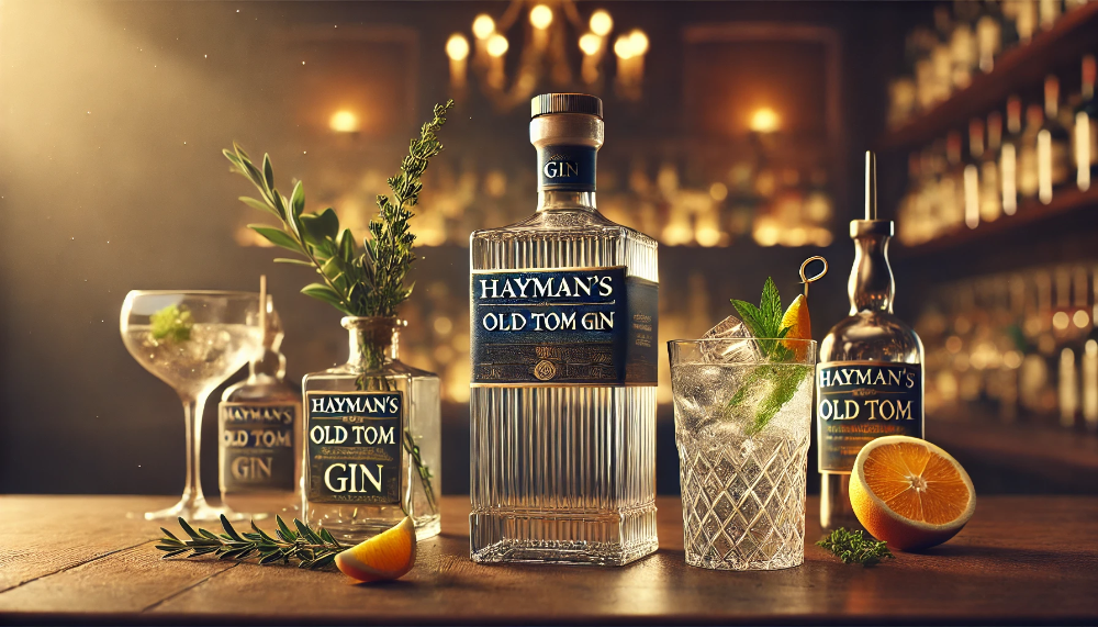 Пляшка Hayman's Old Tom Gin на дерев'яній барній стійці, оточена елегантними келихами, часточками цитрусових та свіжими травами, з м’яким освітленням, що створює вишукану атмосферу.